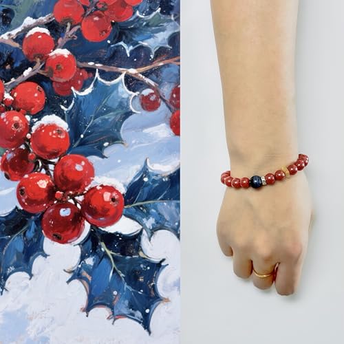 Birth Flower Crystal Bracelets for Women, Handmade Natural Gemstone Stretch Jewelry with Healing & Positive Energy - color: Dec. Holly & Sandstone