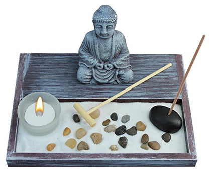 Zen Garden Deluxe Desk Meditation Garden Grey Buddha Statue with Rocks, Tea Light Holder, Rake, Incense and Incense Holder, Sand and Base - Peace & Tranquility (Candle Not Included)