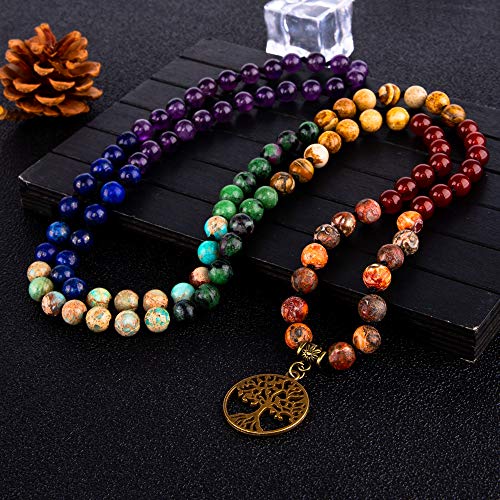Bivei 7 Chakra 108 Mala Beads Bracelet Real Gemstone Yoga Meditation Hand Knotted Mala Prayer Bead Necklace - size: 8mm, style: # Life Tree - 7 Chakras