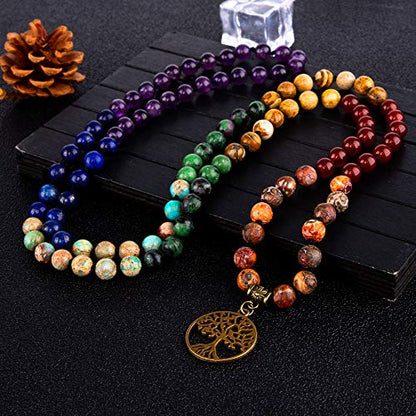 Bivei 7 Chakra 108 Mala Beads Bracelet Real Gemstone Yoga Meditation Hand Knotted Mala Prayer Bead Necklace - size: 8mm, style: # Life Tree - 7 Chakras