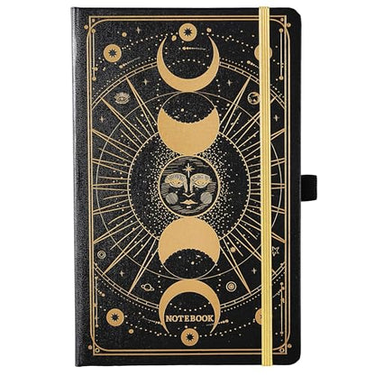 Artfan Ruled Notebook/Journal – Premium Thick Paper Classic Writing Notebook with Pocket + Page Dividers Gifts, Banded, Large, 128 Pages, Hard Cover, Lined (5.3" x 8.26") - Sun and Moon - color: BLACK16