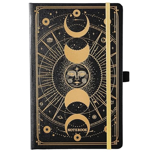 Artfan Ruled Notebook/Journal – Premium Thick Paper Classic Writing Notebook with Pocket + Page Dividers Gifts, Banded, Large, 128 Pages, Hard Cover, Lined (5.3" x 8.26") - Sun and Moon - color: BLACK16