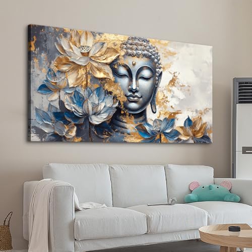 Framed Vintage Buddha Wall Art Inspirational Decor Zen Lotus Flower Canvas Pictures Artwork Home Decoration for Buddhism Room Bathroom Bedroom Living Room Yoga Studio Decoration 23" x 46" - color: Gold, size: 23"L x 46"W