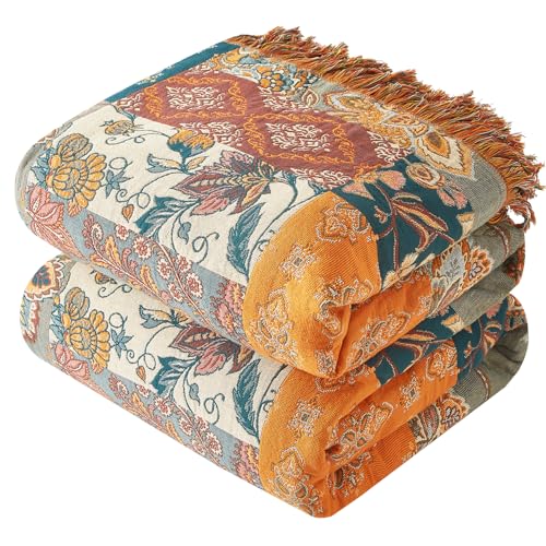 Bailix Boho Throw Blanket for Couch Sofa Bed, 100% Cotton Woven Quilt with Tassel 90”x98”, Super Soft Muslin Blanket with Floral Printed, Decorative Reversible Bed Blanket/Cover for All Seasons - color: A - Patchwork, size: Super Queen-90" X 98"