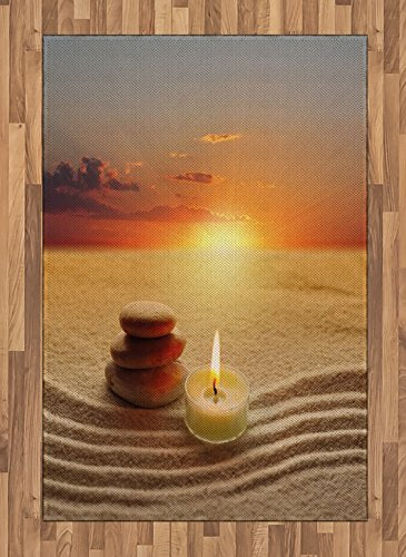 Ambesonne Boho Area Rug, Stack of Stones and Candle Meditation Yoga Horizon Backdrop Picture, Flat Woven Accent Rug for Living Room Bedroom Dining Room, 4' X 5' 7", Orange Sand Brown
