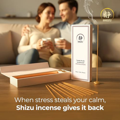 Shizu Sandalwood Incense Sticks – Artisanal Temple Grade Japanese Incense with Brass Holder – Calming Scent for Relaxation, Meditation & Home Spa, Elegant Gift Set (60 Sticks)