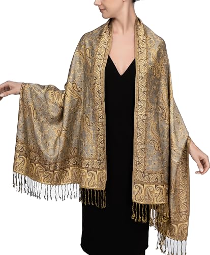Achillea Reversible Paisley Pashmina Rave Scarf – Exotic Indian Shawls and Wraps for Evening Dresses, Festivals, All Seasons - color: Grey Gold