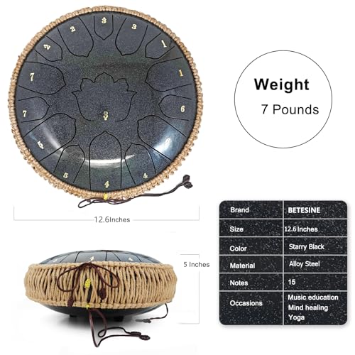 BETESINE 13-Inch 15-Note Steel Tongue Drum in C Major, Beginner-Friendly Meditation Drum with Mallets, Music Book, Finger Picks, Carry Bag & Note Stickers, Starry Black - color: Starry Black
