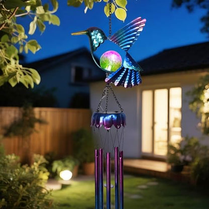Taman Solar Wind Chime - Hummingbird Crack Glass Solar Light for Outside Waterproof Aluminum Tubes Decorative Memorial Gift, for Home, Outdoor, Yard, Patio,Garden Decor