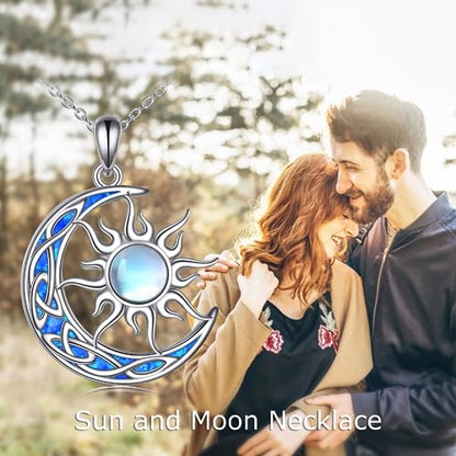 Sun and Moon Necklace for Women 925 Sterling Silver Celtic Crescent Moon Pendant Blue Opal/White Opal/Abelone Shell/Labradorite/Moonstone Jewelry Gift for Teen Girls - color: blue opal moon