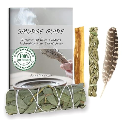 Ancient VEDA Organic Smudge Kit –Eucalyptus, Palo Santo, Sweetgrass Braid, Feather & Smudge Guide | Home Cleansing Kit for Meditation, Yoga, Energy Healing & Gift (Starter Kit, Eucalyptus Sage) - color: Eucalyptus Sage, size: Starter Kit