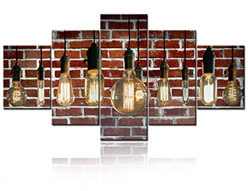 Wall Art Decor Poster Painting On Canvas Print Pictures 5P Decorative Antique Edison Style Light Bulbs Against Brick Wall Background Framed Picture for Home Decoration Living Room Artwork -60"W x 32"H - color: Artwork-11, size: 60"W x 32"H