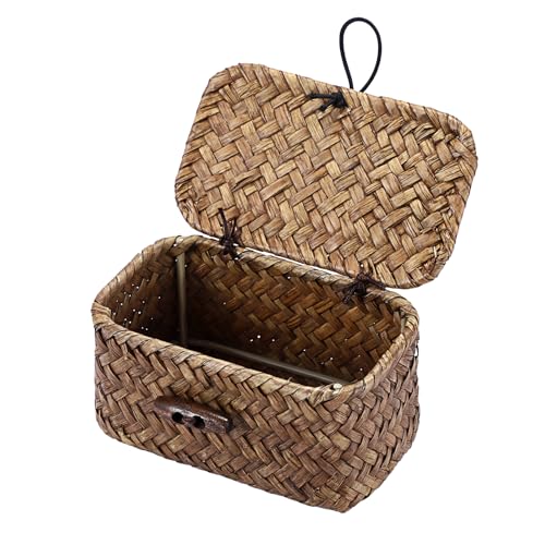 Seagrass Basket Bin with Lid Mini Size Handwoven Wicker Storage Container Storage Basket Decorative Desktop Organizer for Shelf Bathroom Home Decor, 4.3"x2.5"x2.1" - color: Coffee color, size: 4.3"L x 2.5"W x 2.1"H