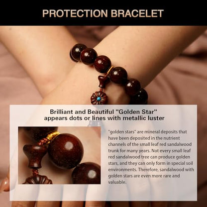 Meditaiton Men Beaded Bracelets, Handmade Sandalwood Mala Beads, Buddhist Prayer Red Wood Bracelets, Comfortable for Daily Wear Yoga Gift for Men - color: 15mm Bead with Full Golden Star