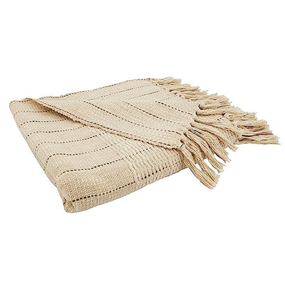 SARO LIFESTYLE Rustic Stripe Throw Blanket with Fringe, Natural, 50"x60"