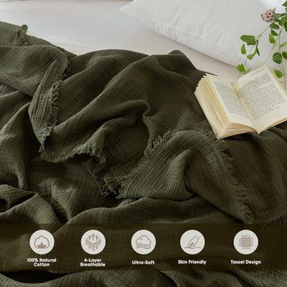 MooMee Muslin Blanket - 100% Cotton 4-Layer Gauze Throw Blanket with All-Around Fringe, Soft Breathable Lightweight Cooling Summer Blankets for Bed Couch (Olive Green,Throw XL 50" x 70") - color: Olive Green, size: Throw XL