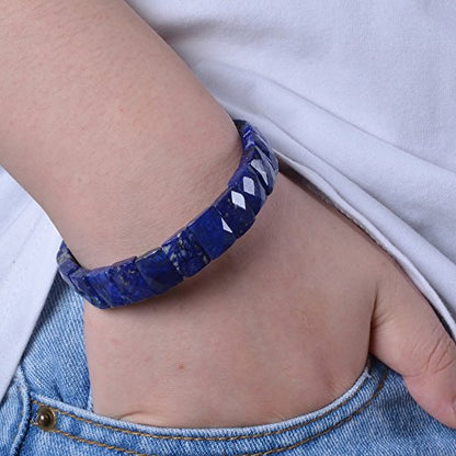Justinstones Gem Semi Precious Gemstone 12mm Faceted Rectangle Beads Stretch Bracelet 7 Inch - color: Lapis