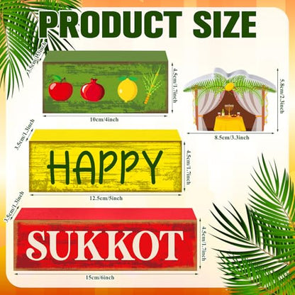 Yuntau 4 Pcs Happy Sukkot Table Decorations Sukkot Centerpieces for Tables Wooden Tabletop Party Decorations Rustic Block Sign for Tiered Tray Shelf Office Jewish Holiday Celebration Supplies - style: Happy Sukkot