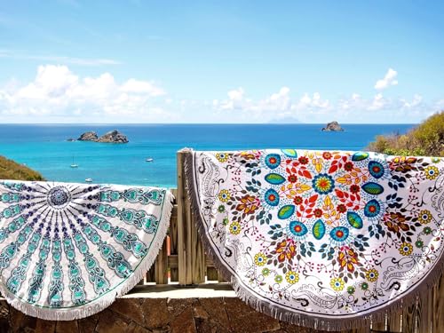 Pafusen Round Mandala Beach Towel Blanket/Boho Hippie Tapestry, Roundie Yoga Meditation Mat Picnic Rug, Bohemian Table Cloth with Tassels, Terry Towel Material, 60 inch Cute Towels, Gifts for Women