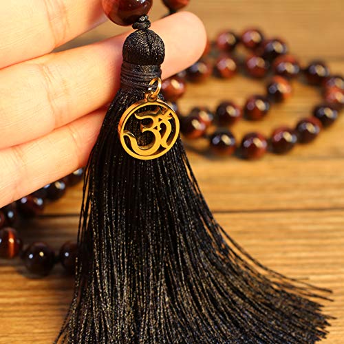 COAI OM Charm Hand Knotted Tassel 108 Mala Beads Necklace - color: Red Tiger Eye, size: 8mm