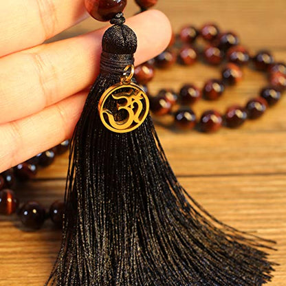 COAI OM Charm Hand Knotted Tassel 108 Mala Beads Necklace - color: Red Tiger Eye, size: 8mm