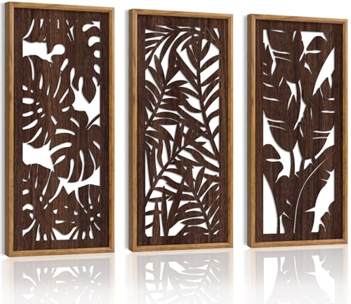 3PCS Tropical Wall Decor, Rustic Palm Leaf Wooden Sign for Bathroom, Vintage Leaf Plant Hanging Wood Plaque Wall Art Nature Picture for Home Office Living Room Decoration(8x16Inch) - color: Tropical Leaf Wooden Wall Art