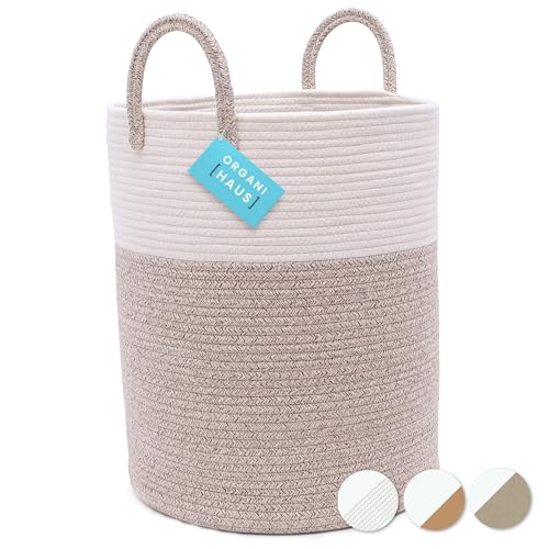OrganiHaus Large Brown Woven Laundry Basket w/Handles 52L, Rope Dirty Clothes Hamper, Blanket Basket for Living Room, Baby Laundry Hamper for Nursery, Soft & Durable Decorative Organizer Bin - color: Brown / Off-White, size: Tall