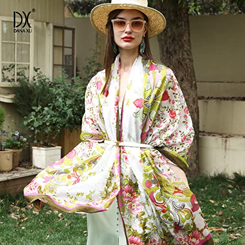 100% Mulberry Extra Large Silk Pashmina Scarf Shawls And Wraps For Women Evening Dress Summer Travel Floral Blanket - color: 60 Green&red