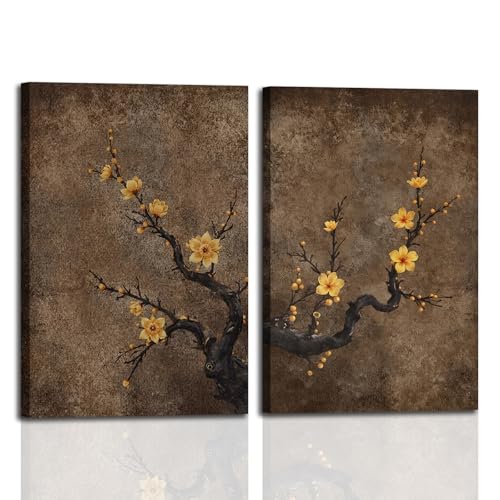 Framed Vintage Floral Branch Wall Art Set of 2 Japanese Moody Botanical Flower Canvas Prints Neutral Rustic Plum Blossom Painting Picture Wall Decor for Living Room Bedroom Office16x24Inches - color: Plum Blossom, size: 16x24 Inches