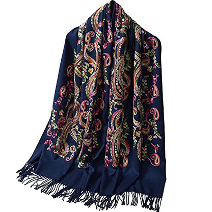 Embroidered Brushed Shawl Paisley Leaves Pattern Scarf Soft Ponchos Wrap Cape With Fringes - color: 014-navy