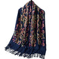 Embroidered Brushed Shawl Paisley Leaves Pattern Scarf Soft Ponchos Wrap Cape With Fringes - color: 014-navy