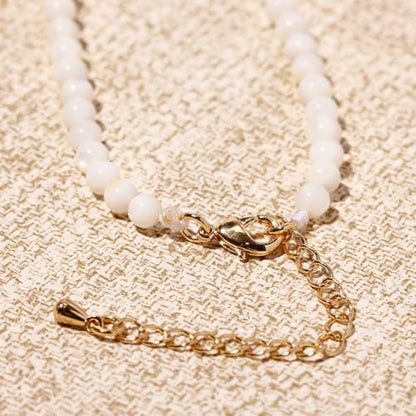 Simple Choker Necklace for Women Real Stone and Crystals Necklaces 4mm Beaded Choker Jewelry Meditation Gift for Women (16"+2") - style: White Shell