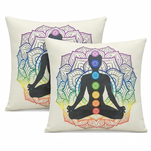 7 Chakra Meditation Pillow Covers - Mandala Yoga Spiritual Throw Cushion Cases - Decorative Home Decor Set of 2 (White (20inx20in) x2) - color: White (20inx20in) X2