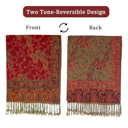 Ciormis Two Tone Silky Paisley Pashmina Shawl Scarf,Soft Women's Rave Jacquard Pashminas Wrap Scarves - color: Style1-red Paisley