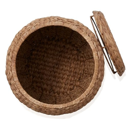 Casafield Round Storage Basket with Lid - Cinnamon, Handwoven Water Hyacinth Organizer for Laundry, Blankets, Plants, Bedroom, Living Room, Office