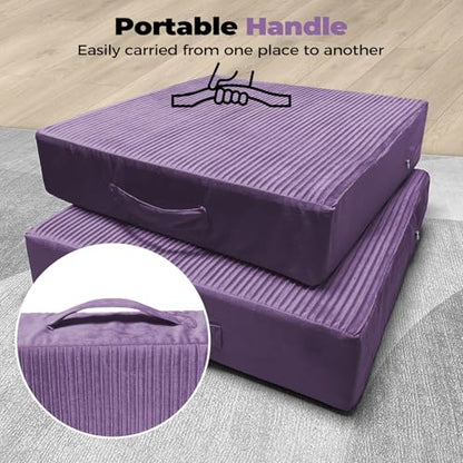 Large Floor Pillows for Adults, Thick Meditation Floor Cushions for Sitting Yoga, 22x22x5 Foam Seat Cushions Set of 2 for Furniture, Floor Pillow with Pleated Velvet Removable Cover, Lavender