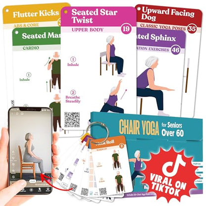 Chair Yoga for Seniors Over 60 Book and Chart, 30 Poses with Video Guide, Spiral Bound, Large Print, 30-Day Laminated Chart, Seated Exercises for Weight Loss, Flexibility - color: Chair yoga Card