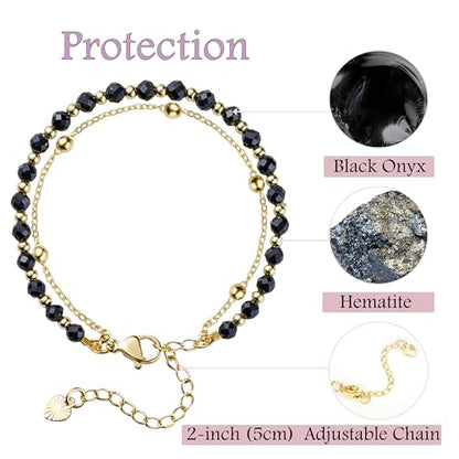 Farfume Crystal Bracelet Beaded Bracelets 4mm Natural Stone Beads Gemstone Handmade Jewelry Gift for Women - color: Black Onyx-Strength & Focus