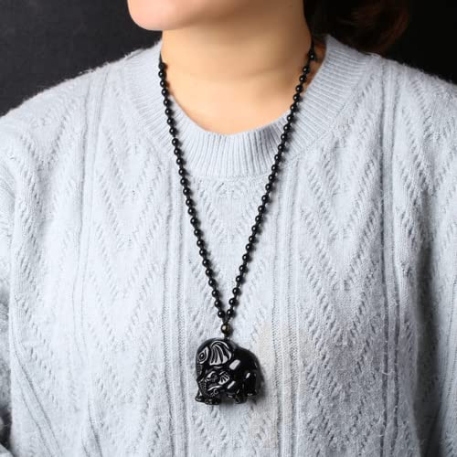 Black Obsidian Necklace Protection Pendant with Extended Bead Chain Healing Crystal Stone Amulet Necklace for Men Women - color: ElephantB