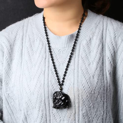 Black Obsidian Necklace Protection Pendant with Extended Bead Chain Healing Crystal Stone Amulet Necklace for Men Women - color: ElephantB