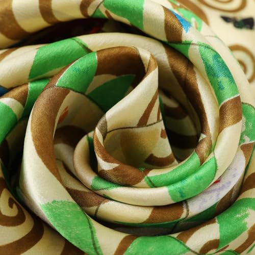 JWSilk Long Charmeuse Silk Scarf Classic Art Print - color: Tree of Life By Gustav Klimt Taupe