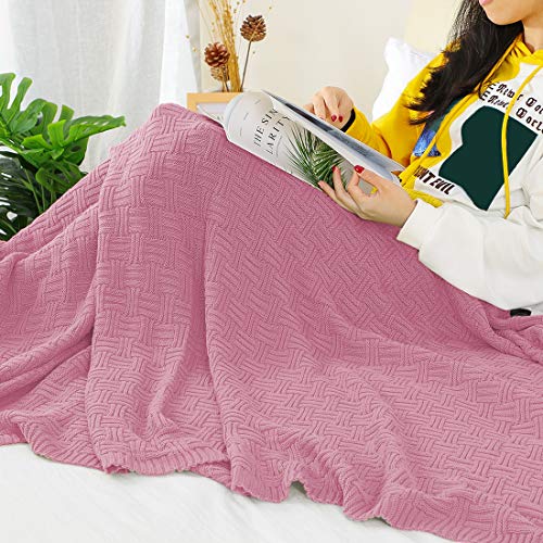 uxcell 100% Cotton Cable Knit Throw Blanket,Soft Lightweight Lap Blanket,Textured Solid Sofa Throw Couch Cover Decors Knitted Blankets, Pink 50"x 60" - color: Pink