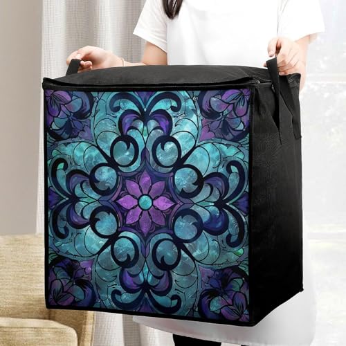 Clothes Storage Bag Personalized Durable Foldable Large Toy Storage Bags with Zipper Moving Bags Luggage Organizer Stained Glass Pattern Printed Bags