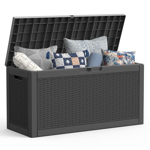 Mars Villa 60 Gallon Deck Box, Outdoor Storage Box Waterproof, Outside Resin Storage Bin for Outdoor Patio Furniture Cushion, Pool Supply, Garden Tool, UV-Resistant and Weatherproof, Rattan Black - color: Black, size: 60 Gallon