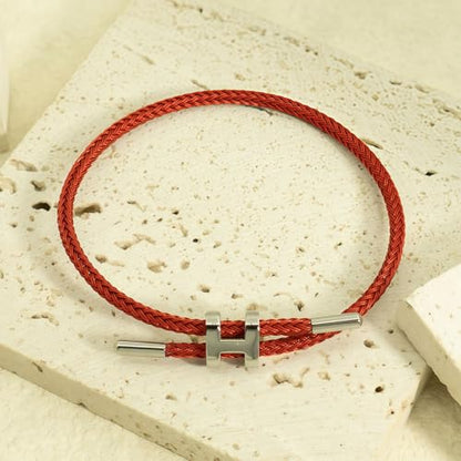 OSIRIDEH2 Bracelet with Adjustable Design Polished H Shape Buckle, Bracelets for Women, 18k Gold-plated Buckle Design Titanium Steel Wire Rope Women's Gift Jewelry - color: Red Silver