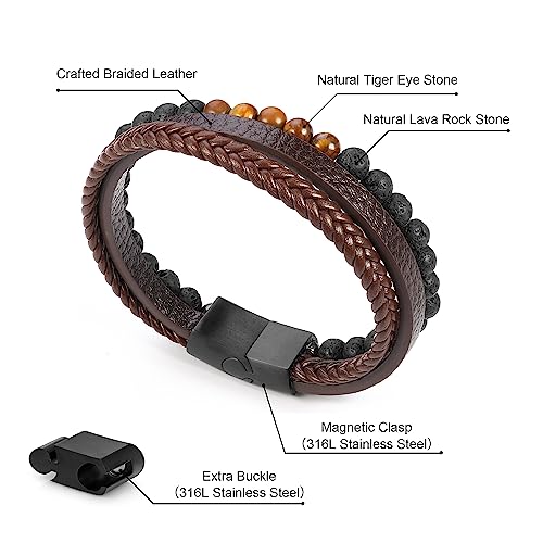 Leather Bead Bracelets for Men, Natural Tiger Eye Lava Rock Stone Bead Magnetic Clasp Adjustable Leather Bracelets Stress Relief Mens Anxiety Bracelet Mens Jewelry Gifts - style: Brown Leather-Lava Rock&Tiger Eye