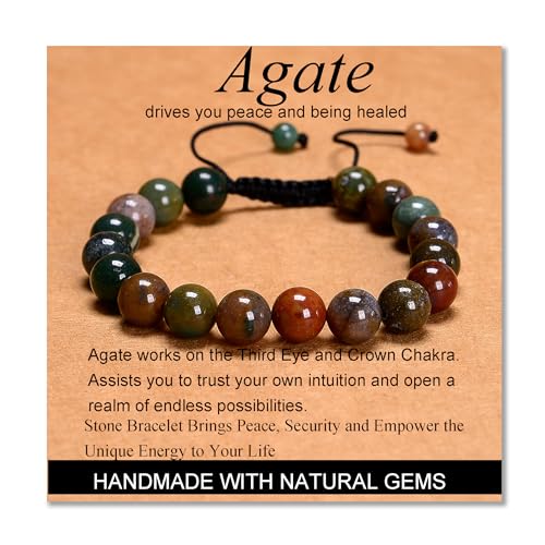 MASSIVE BEADS Handmade Yoga Natural Stone Crystal Healing Power Energy Gifts for Unisex Adult Bracelet Macrame Adjustable - color: Indian Agate(Peaceful), size: 10mm