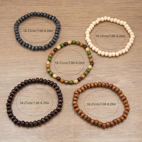 5-Piece,Bohemia Wooden Bead Bangle Bracelet Set for Women Men Round Beaded Stretch Bracelets Unisex Yoga Cuff Bracelet Jewelry Set