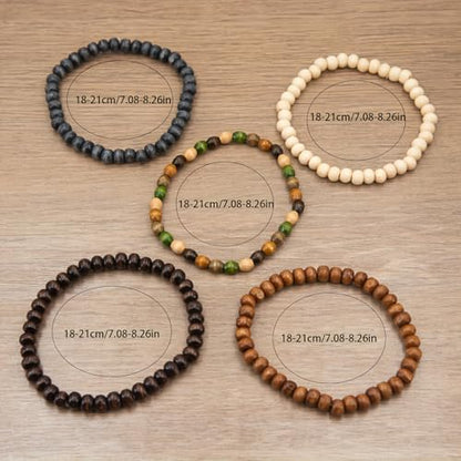 5-Piece,Bohemia Wooden Bead Bangle Bracelet Set for Women Men Round Beaded Stretch Bracelets Unisex Yoga Cuff Bracelet Jewelry Set