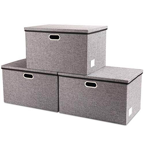 PRANDOM Extra Large Collapsible Storage Bins with Lids [3-Pack] Linen Fabric Foldable Storage Baskets Boxes Organizer Containers Cube with Cover for Bedroom Closet Office Nursery (22.8x15.75x13.8) - color: Gray, size: XXL (3-Pack)